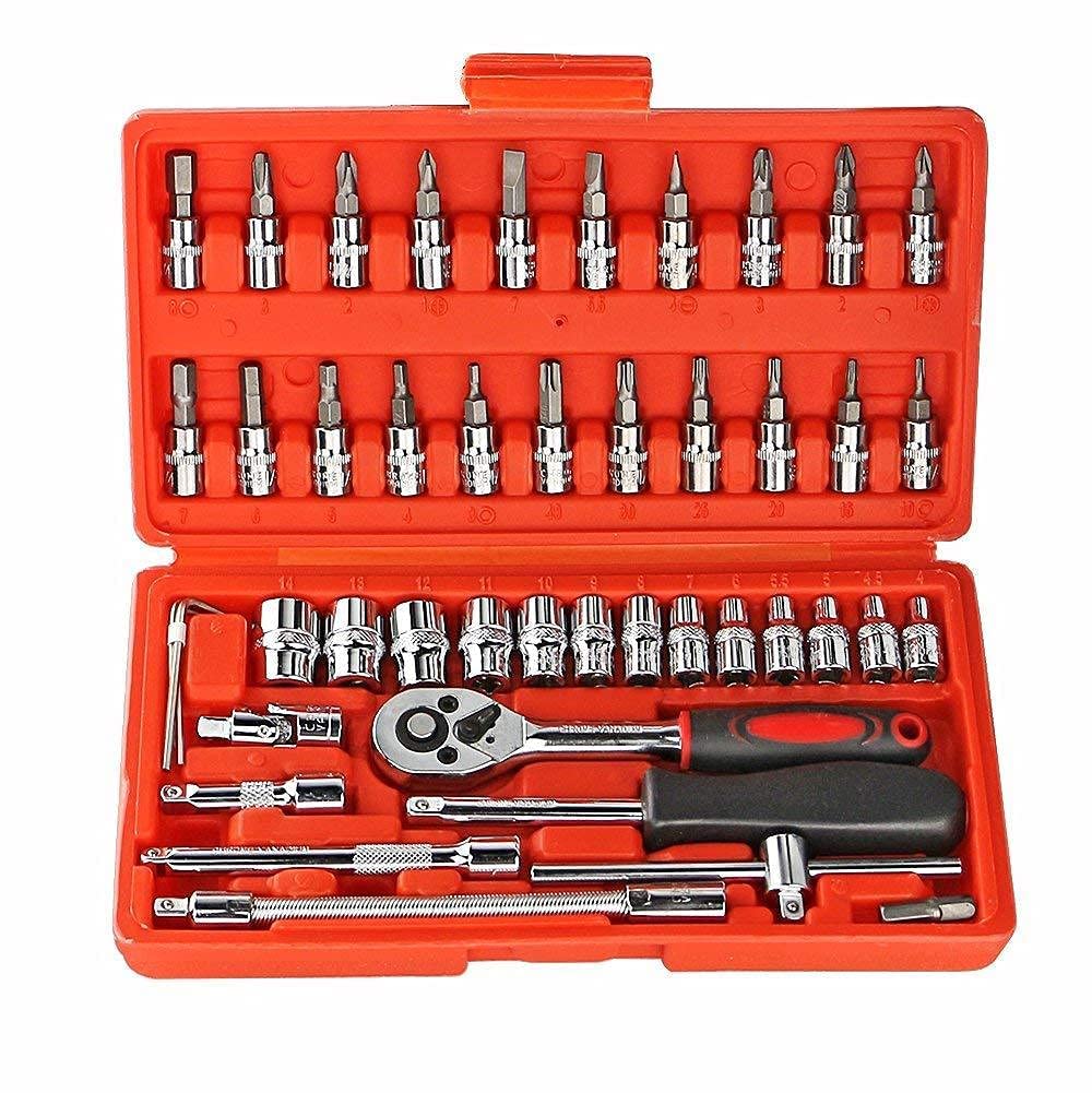 Aider Tool Kit Tool Kit 46 in 1 Pcs Tool Kit for Home Use Tools Kit Spanner Set Socket Set Wrench Set Tools Set Hand Tools Bike Tool Kit Set Socket Wrench Set (Multi Color) (Pack of 1)